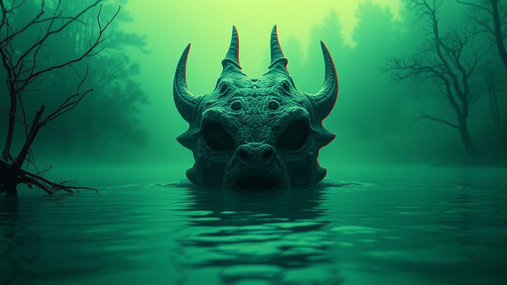 Mystical Creature Emerges from Alien Lake in Cyberpunk Style