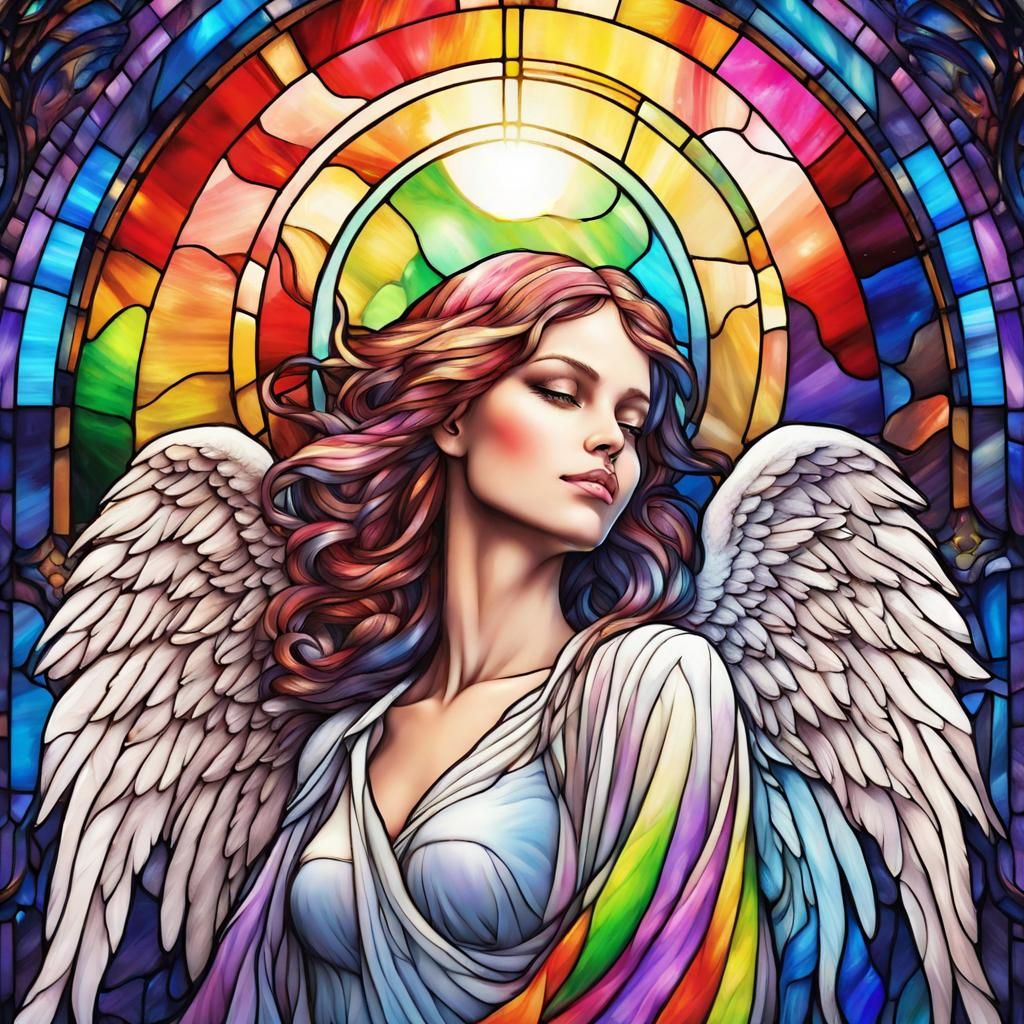 Rainbow Stained Glass Angel Under Giant Moon