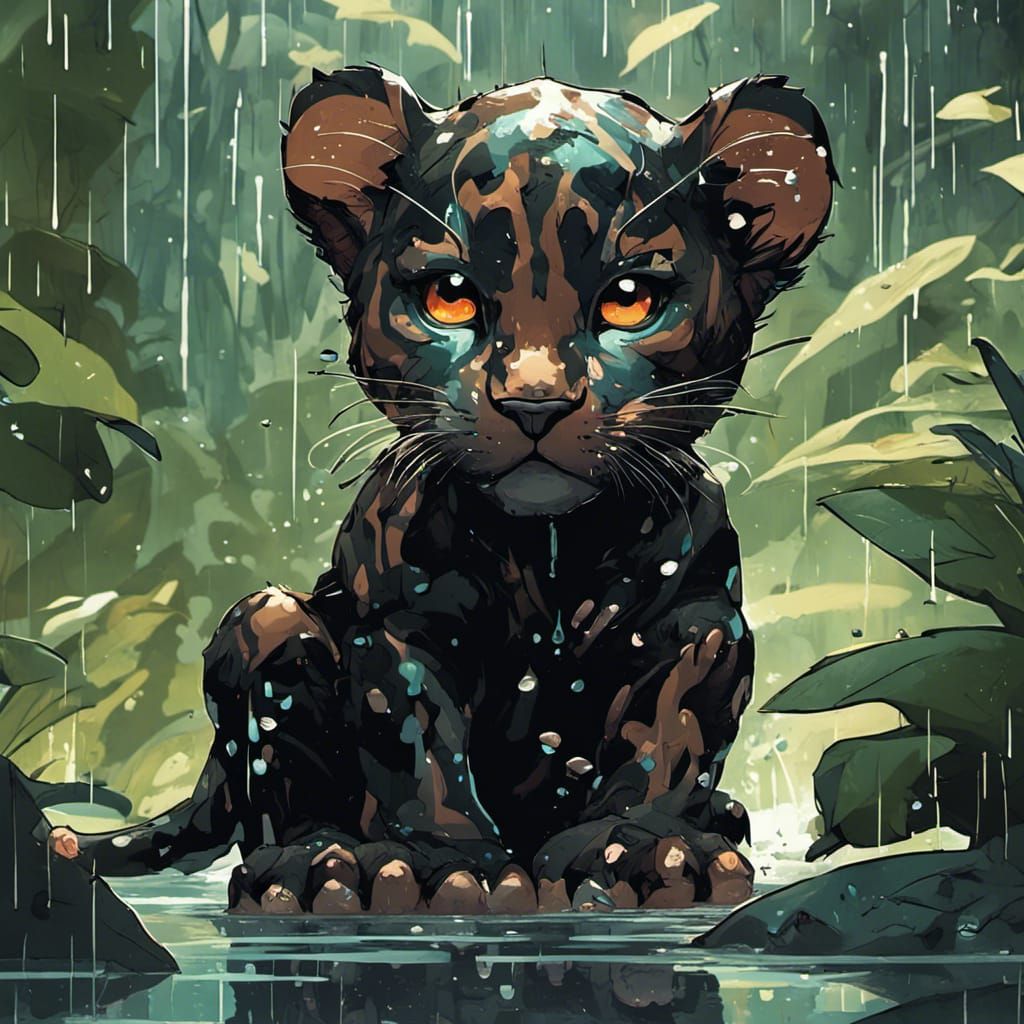Jungle Panther Cub in Rain, Digital Art