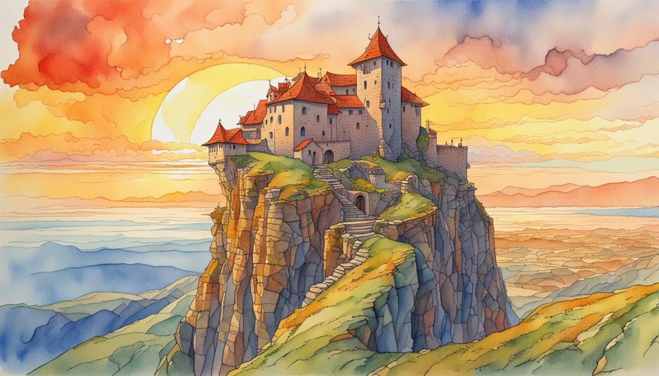 Cliffside Medieval Dwelling at Sunrise in Watercolor
