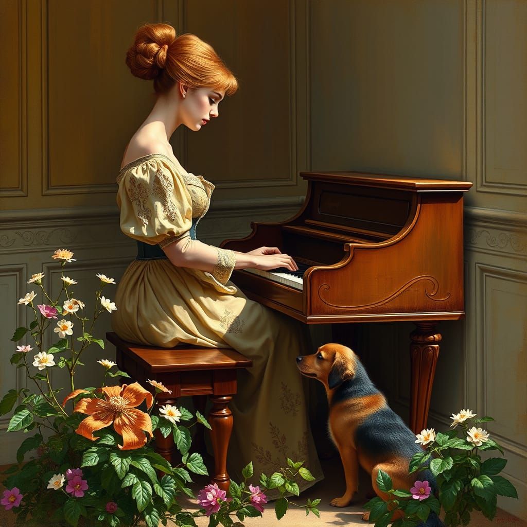 Young Redhead Woman Plays Piano in Elegant Setting