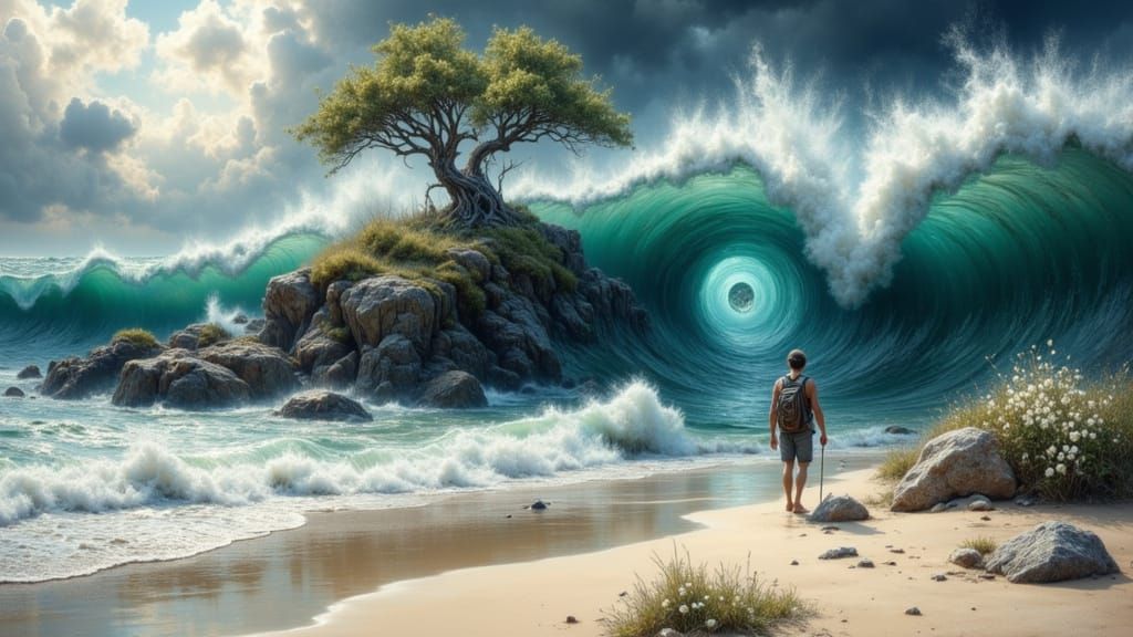 Hiker Encounters Mystical Wave and Portal on Beach
