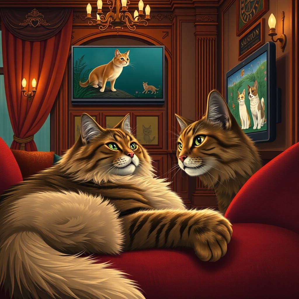 Regal Feline Seated in Elegant Saloon Watching Canine Movie ...