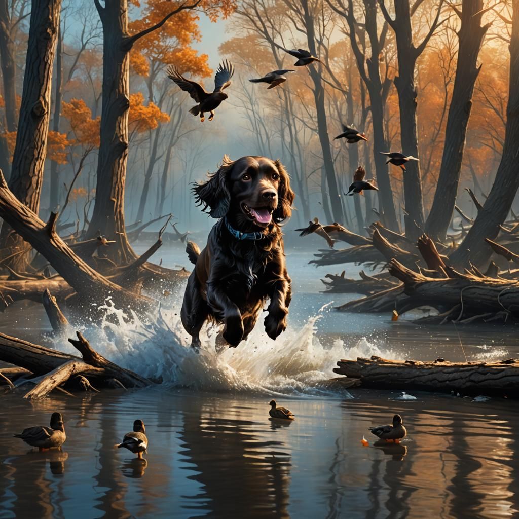 Boykin Spaniel Leaps in Flooded Timber: Digital Painting