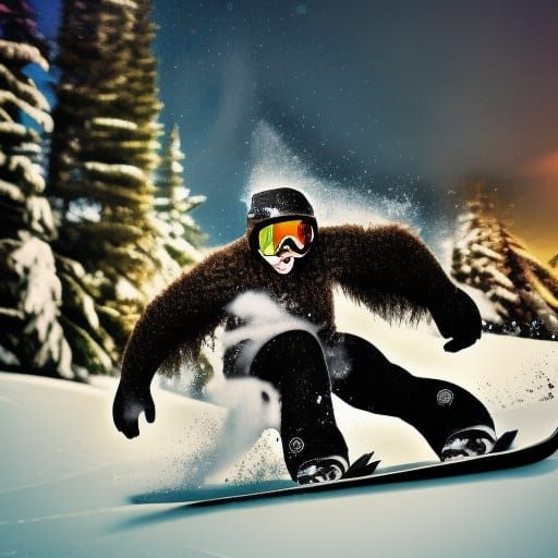 a snowboarding bigfoot down a surreal black diamond ski run Epic cinematic brilliant stunning intricate meticulously det...