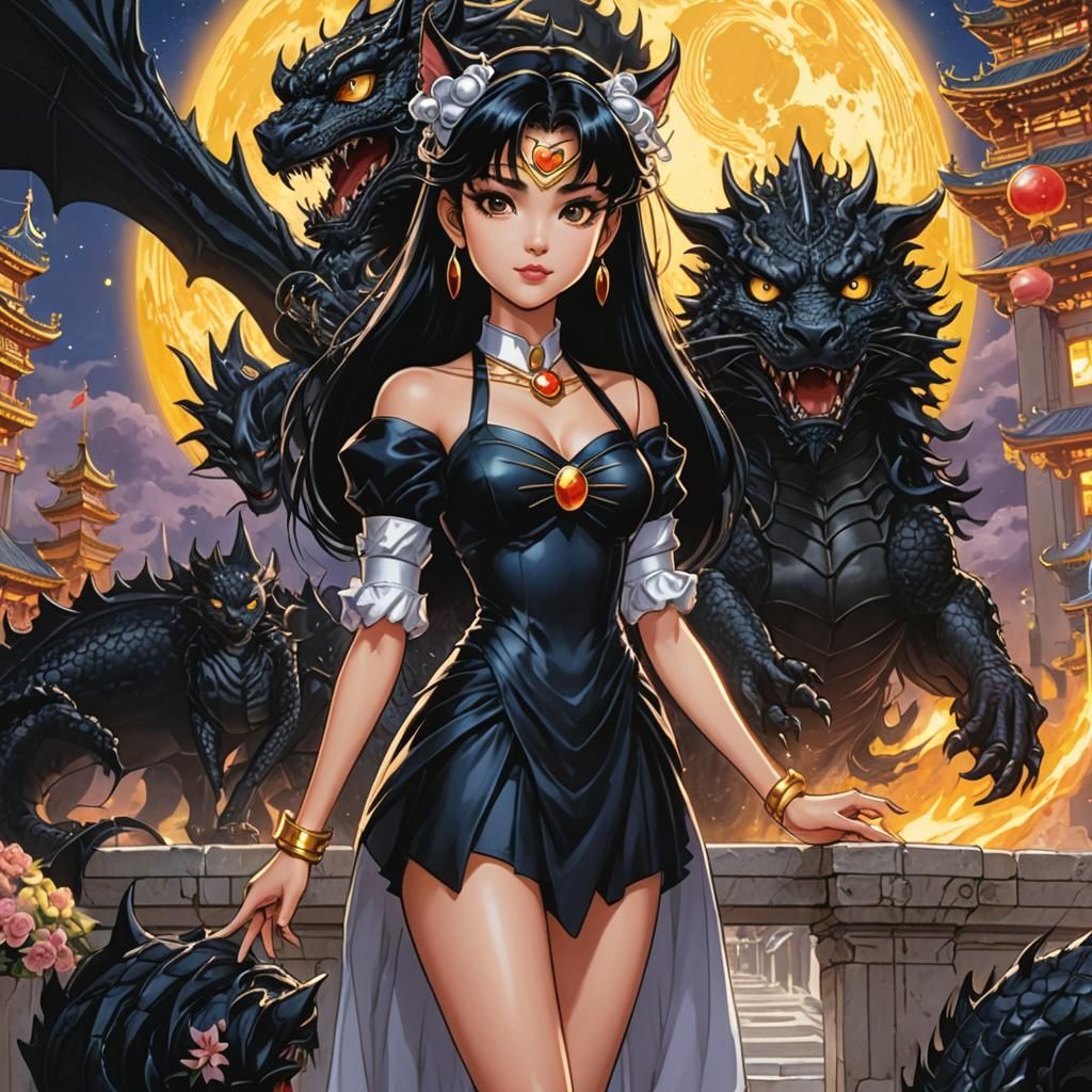 Asian Woman as Luna with Dragon, Comic Book Art