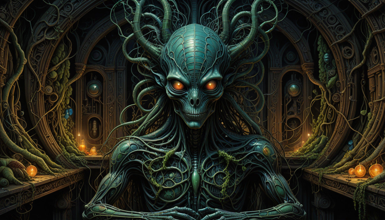 Surreal Shapeshifter in a Biomechanical Dreamscape