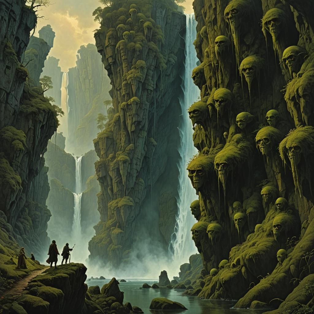 Magical Goblins by Waterfalls in Dark Fantasy Style