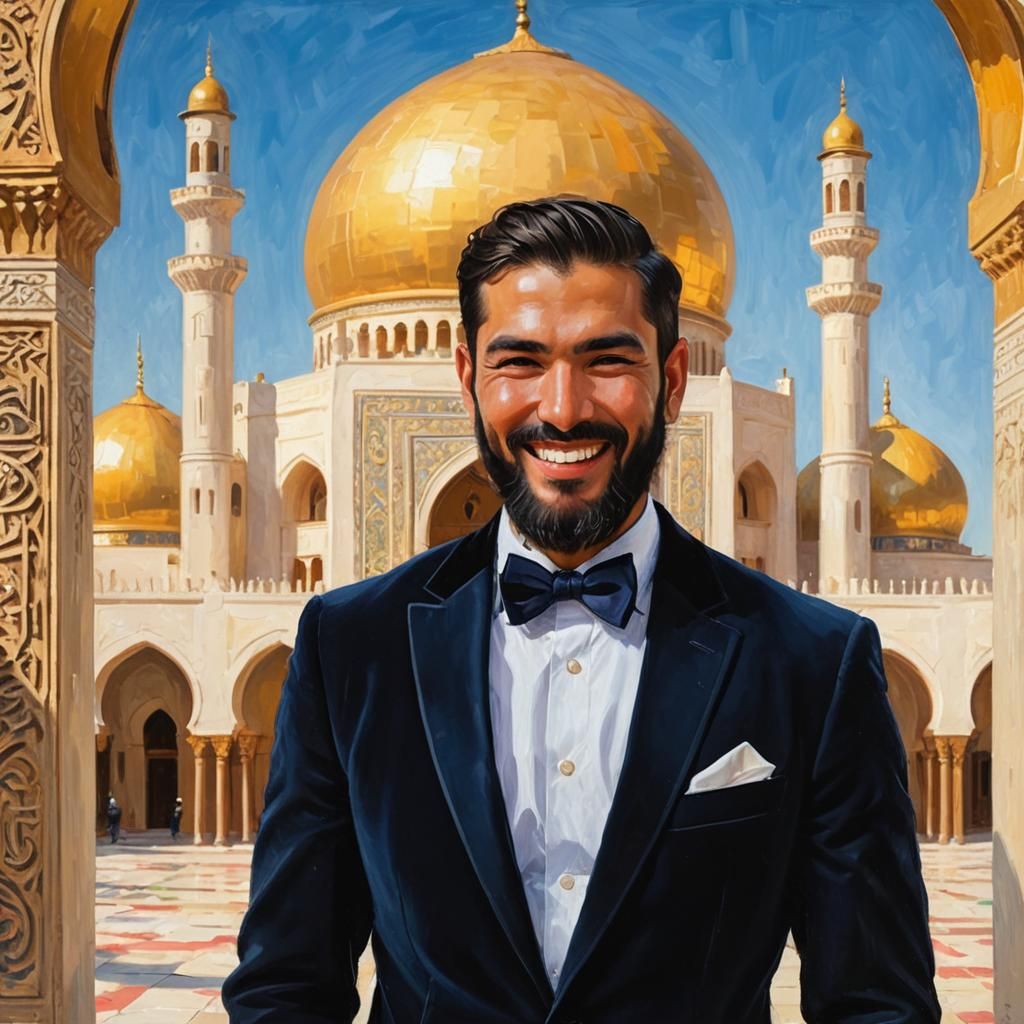 Elegant Gentleman in Mosque Courtyard as Impasto Painting