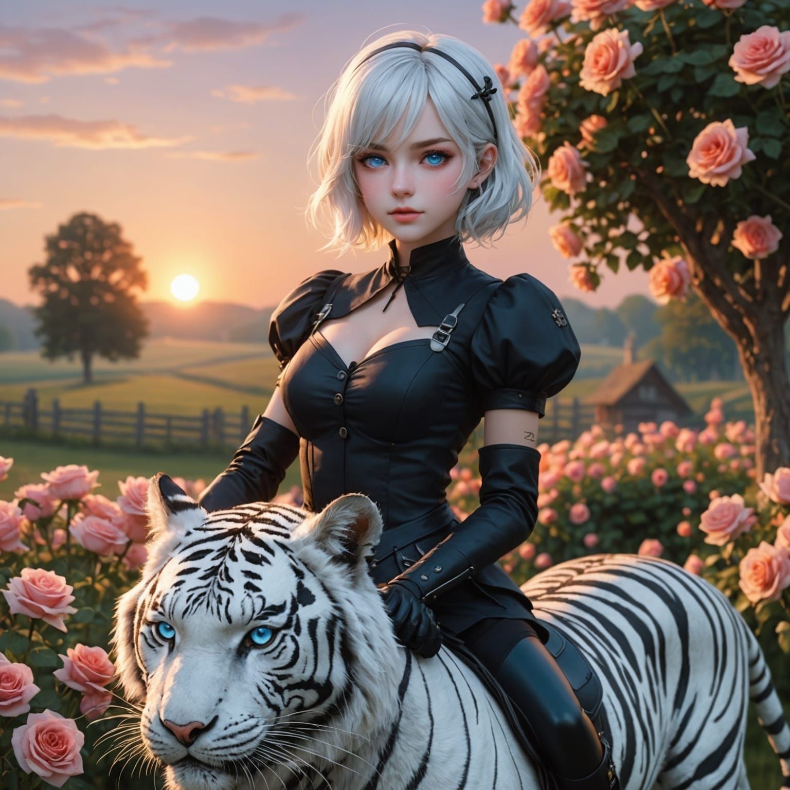 Woman Riding Glowing Tiger in Rose Field at Sunset