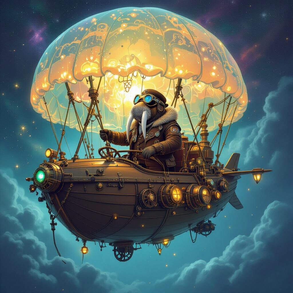 Steampunk Walrus Airship Navigator in Nebula Skies