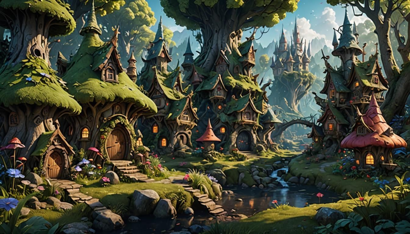 Enchanting Fairy Village in Forest: Detailed Matte Painting