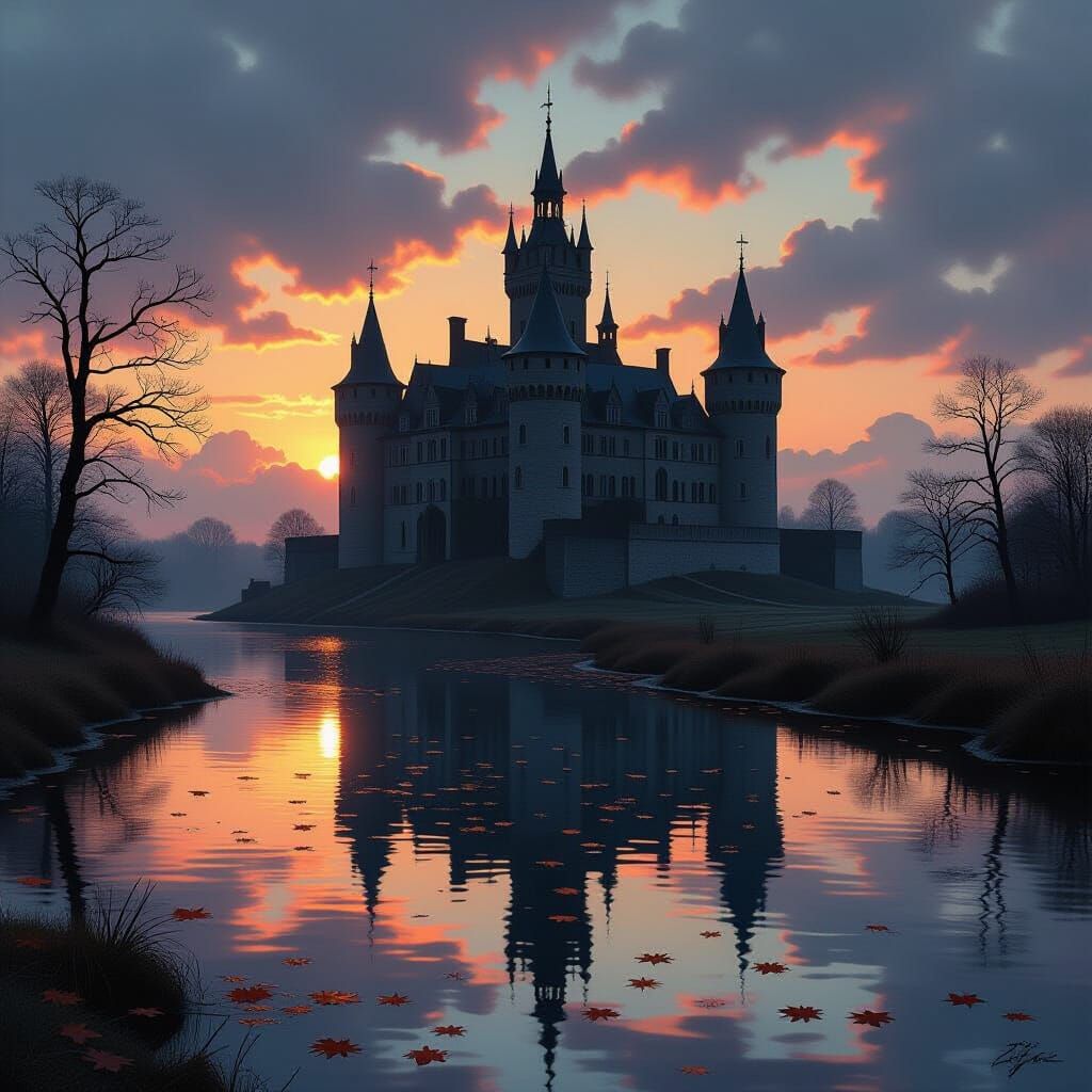 Ancient Castle Silhouette Under Twilight Sky