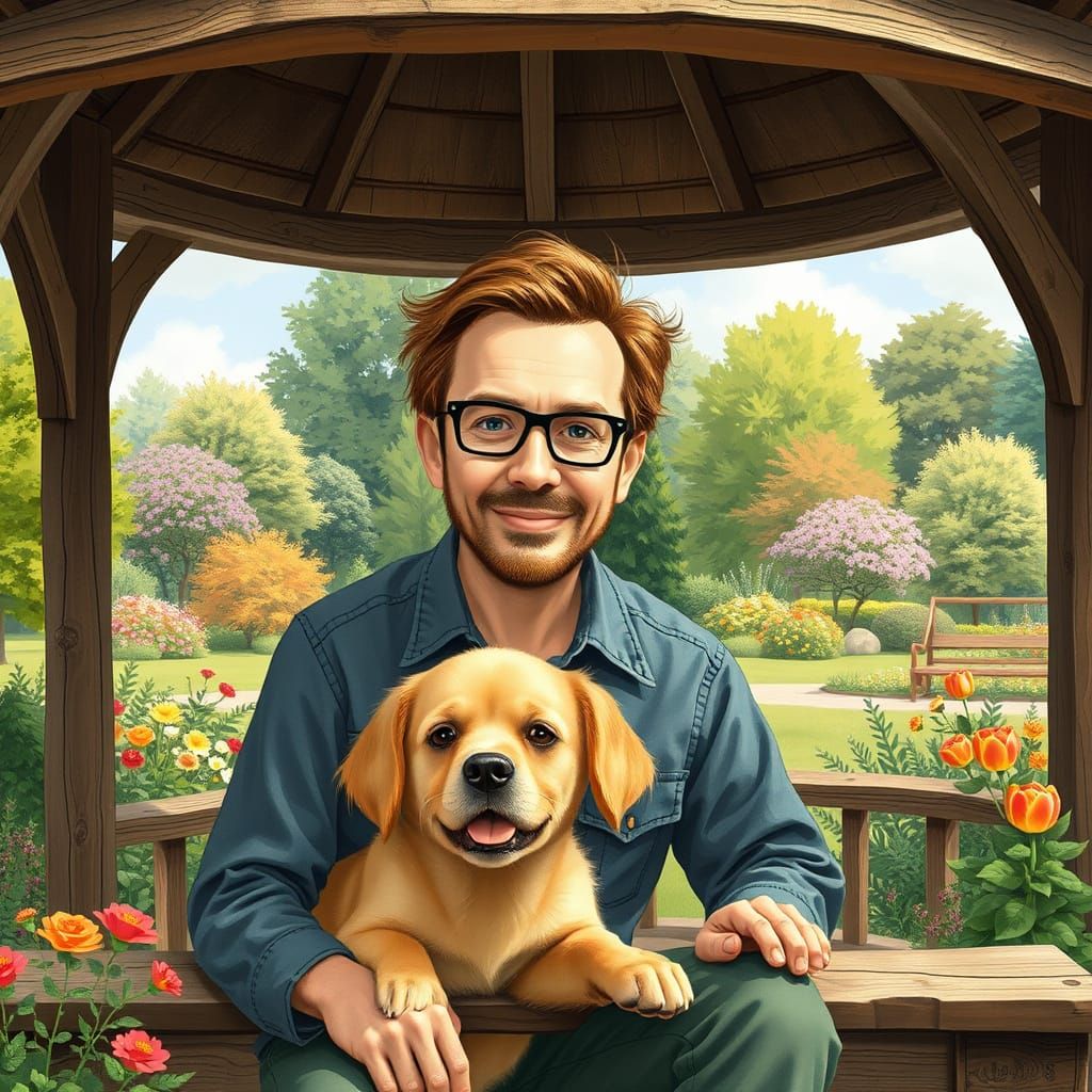 Gentle Man and Dog in a Whimsical Park Gazebo