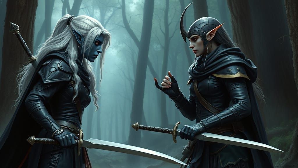 Dark Fantasy Female Warriors Clash in Ancient Forest