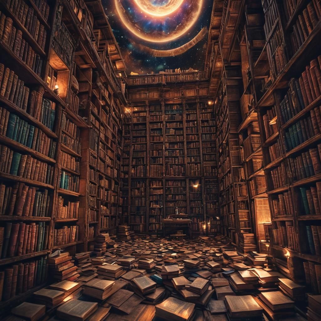 Mystical Library with Endless Books, Astral Illustration