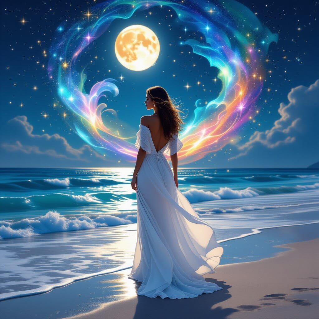 Cosmic Woman on Moonlit Beach in Visionary Art Style