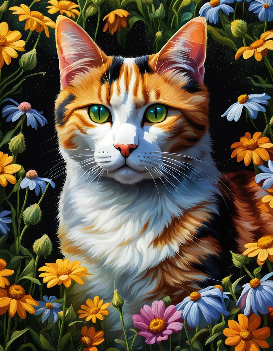 Calico Cat in Wildflowers: Surreal Portrait