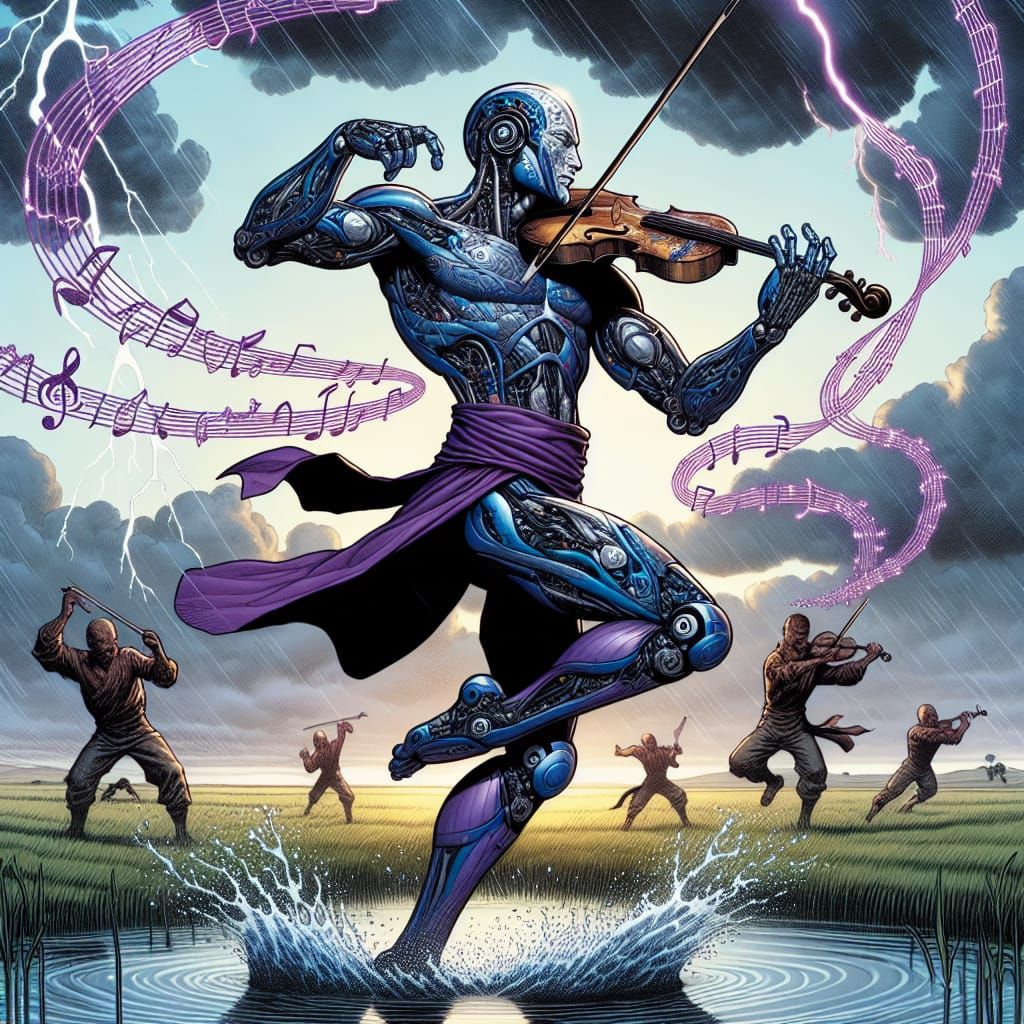 Bald Robot with Elegant Dress and Robotic Arms Plays Fiddle...