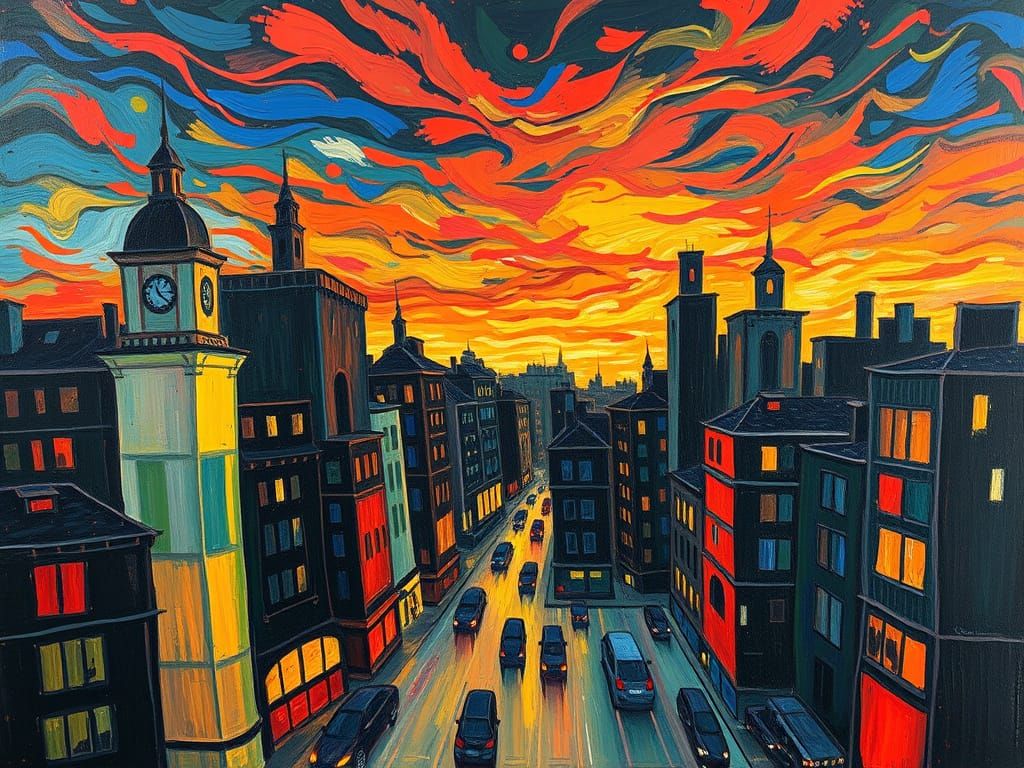 Distorted Cityscape in Expressionist Style
