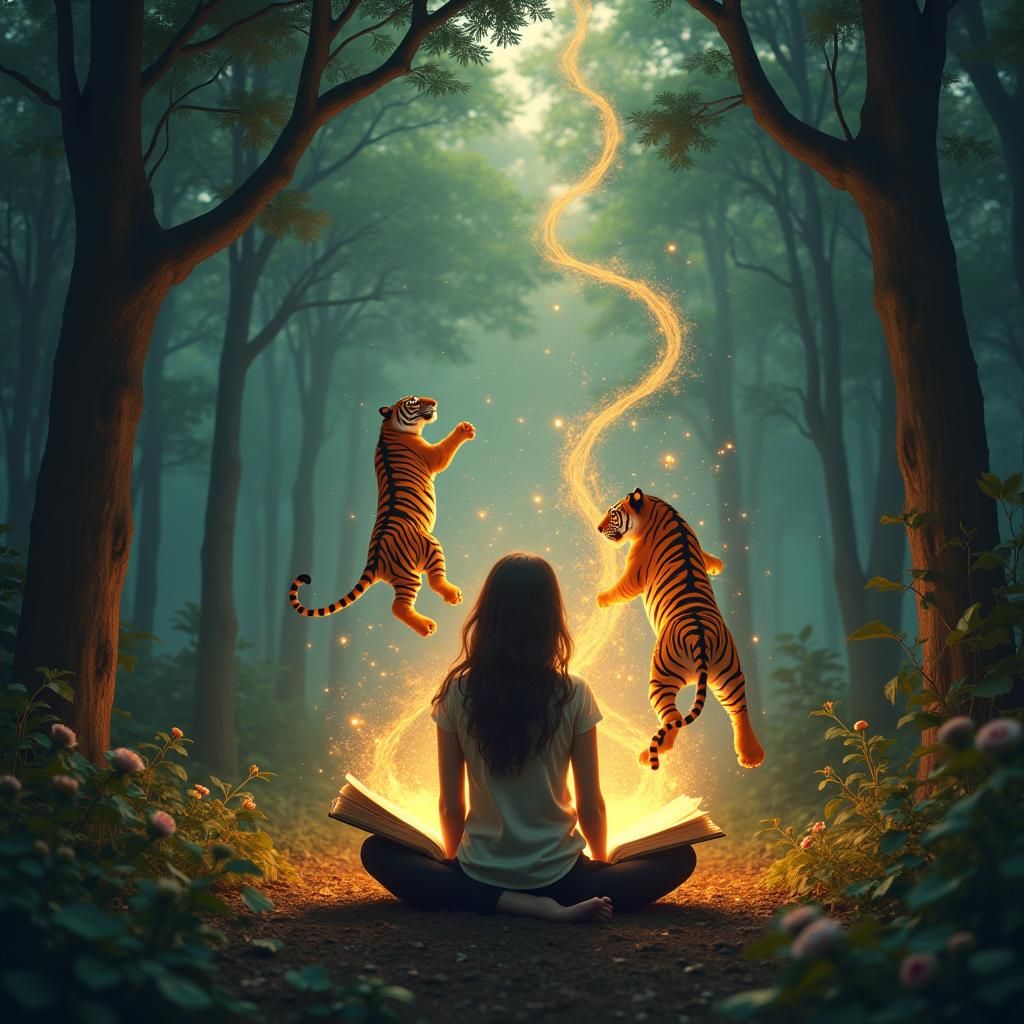 Woman Reading Book with Tigers in Forest