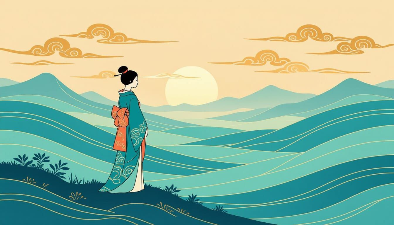 Yamato-e Seascape with Woman in Traditional Clothing