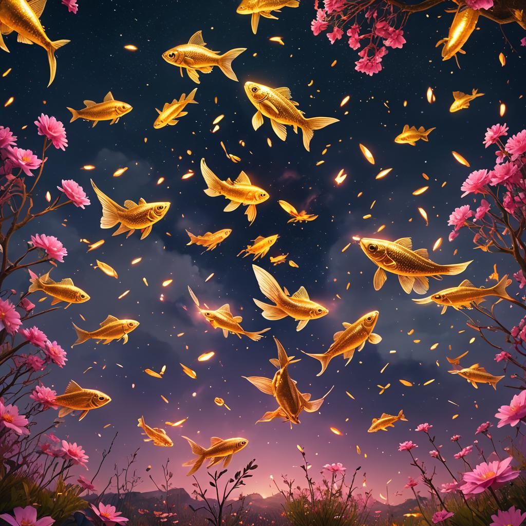 Golden Fish Flight in a Flower Field