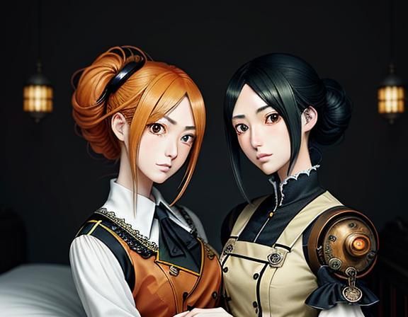 Manga Style Kemono Twins Kissing in Steampunk Setting