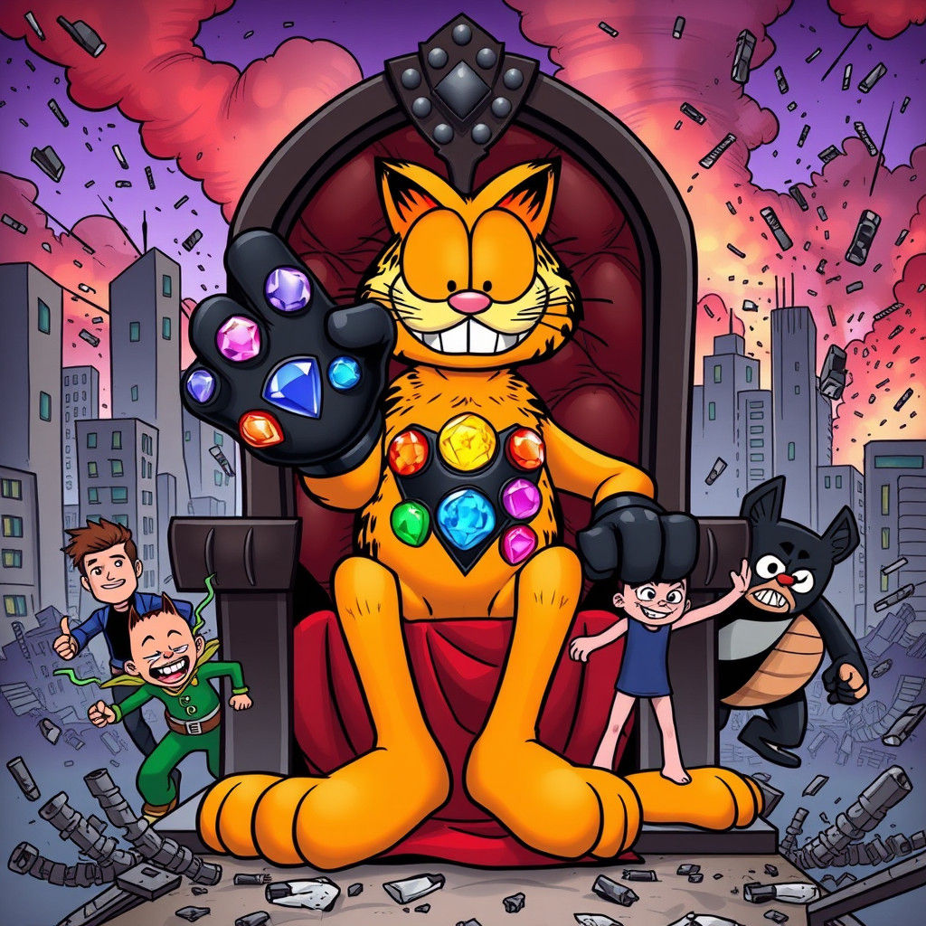 Garfield with Infinity Gauntlet on Throne