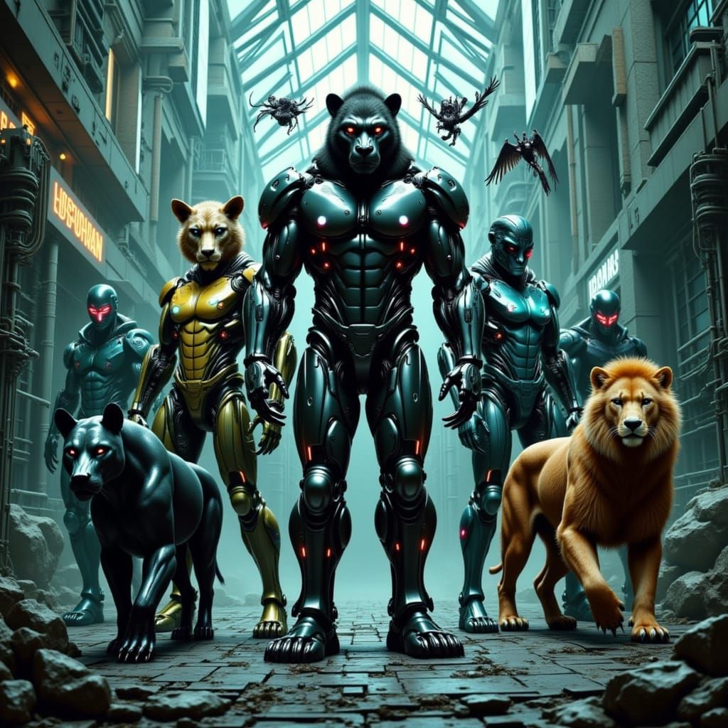 Cyberpunk Animal Hybrid Roams Dystopian Cityscape