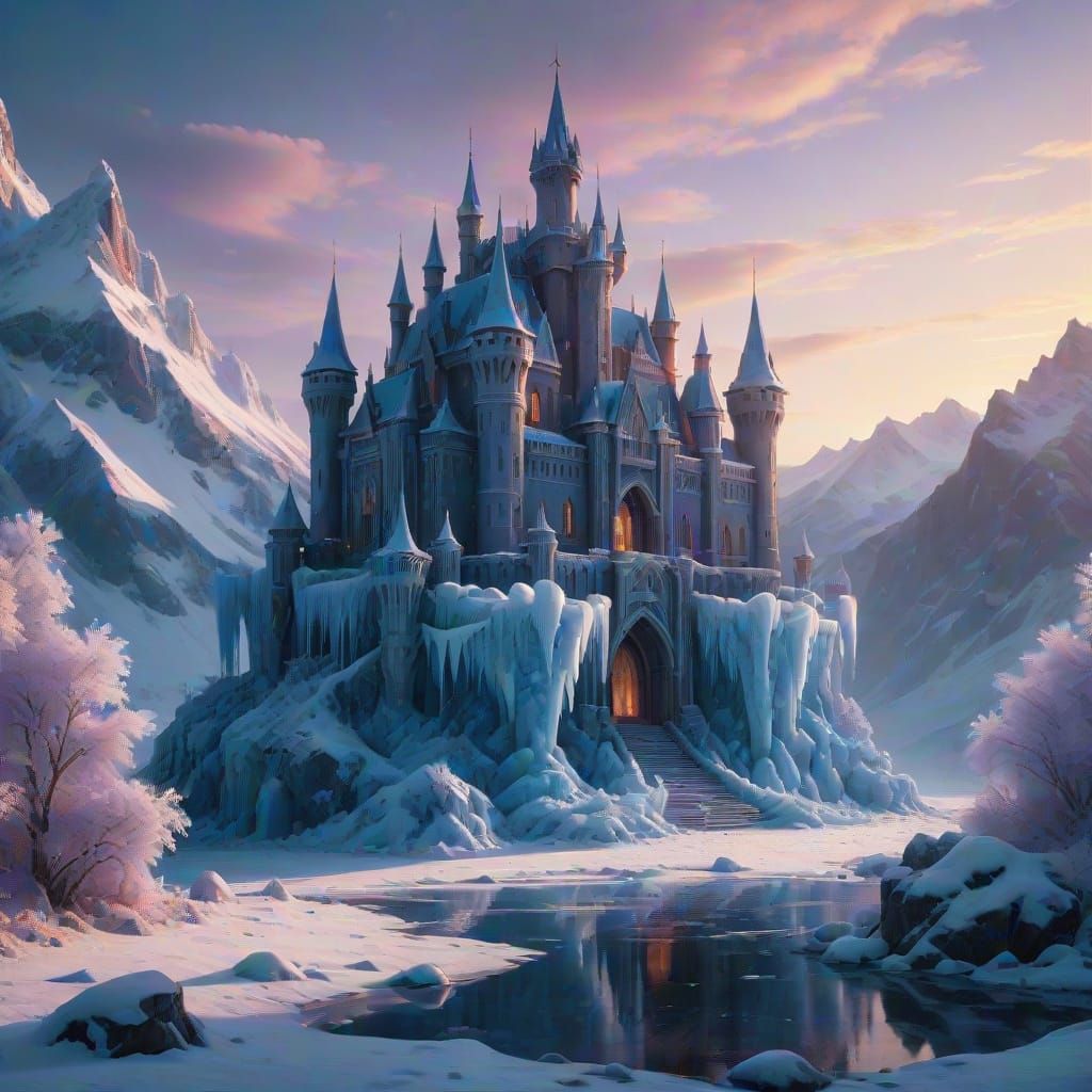 Majestic Ice Castle in Golden Light: Digital Painting