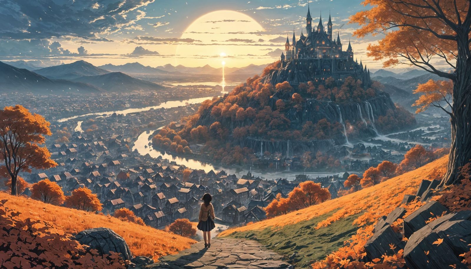 Eerie Autumn Town in Dark Fantasy Landscape