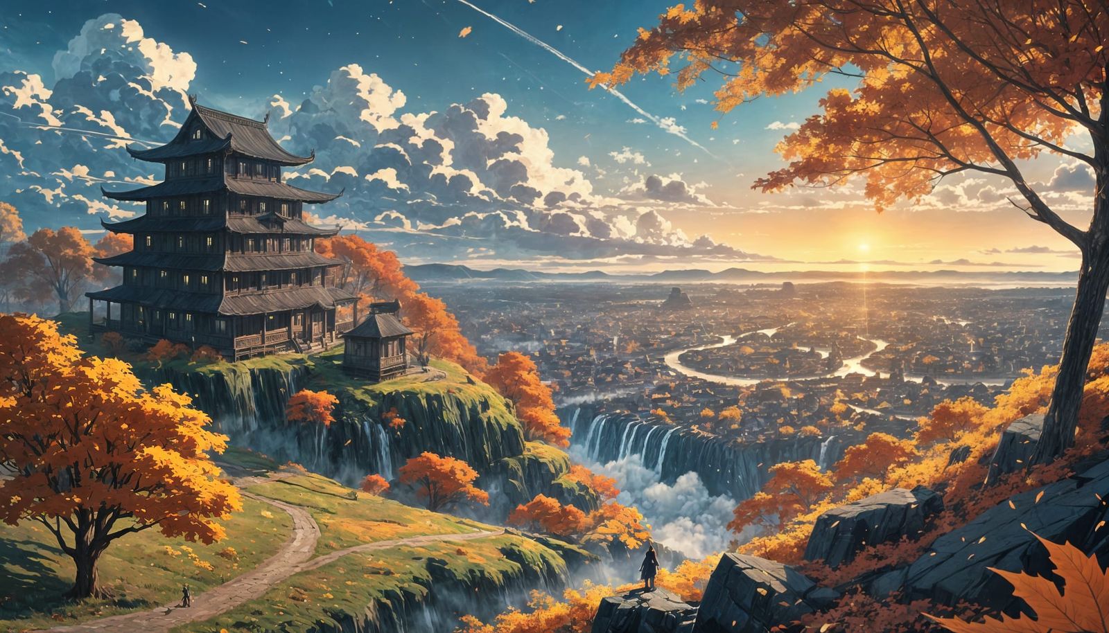 Fantasy Autumn Town Landscape in Anime Style