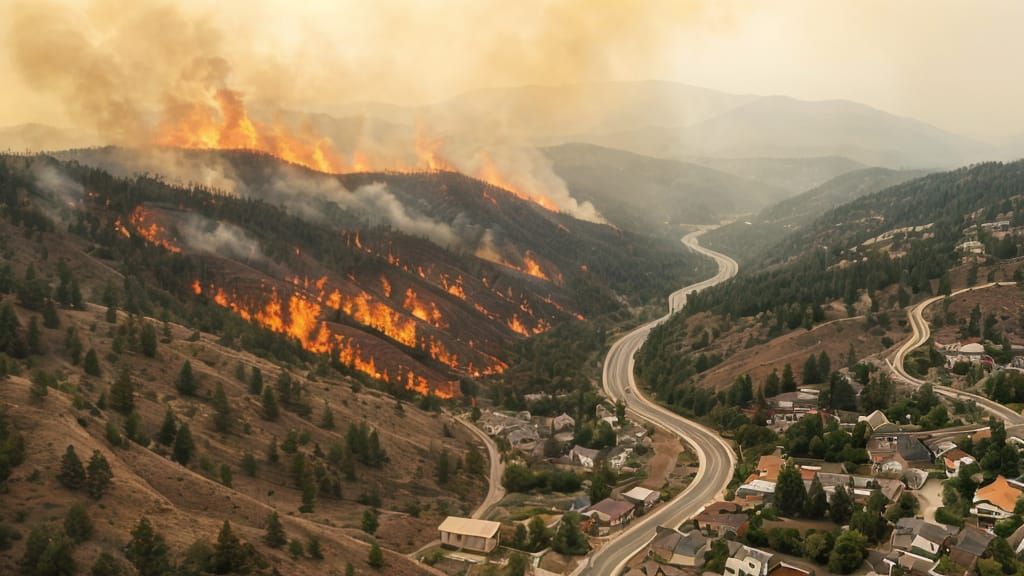 Raging forest fire in urban subdivision with steep canyons and winding roads