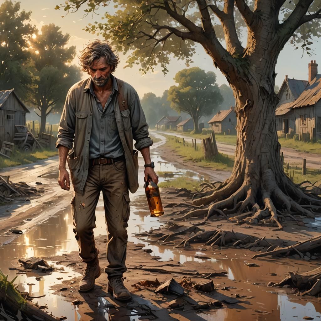 Drunkard Slumped Against Tree in Splash Art Style