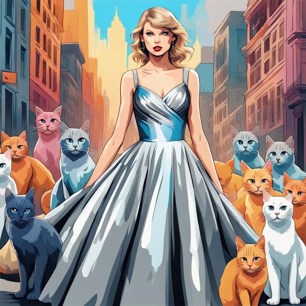 Taylor Swift Surrounded by Cats in Pop Art Style