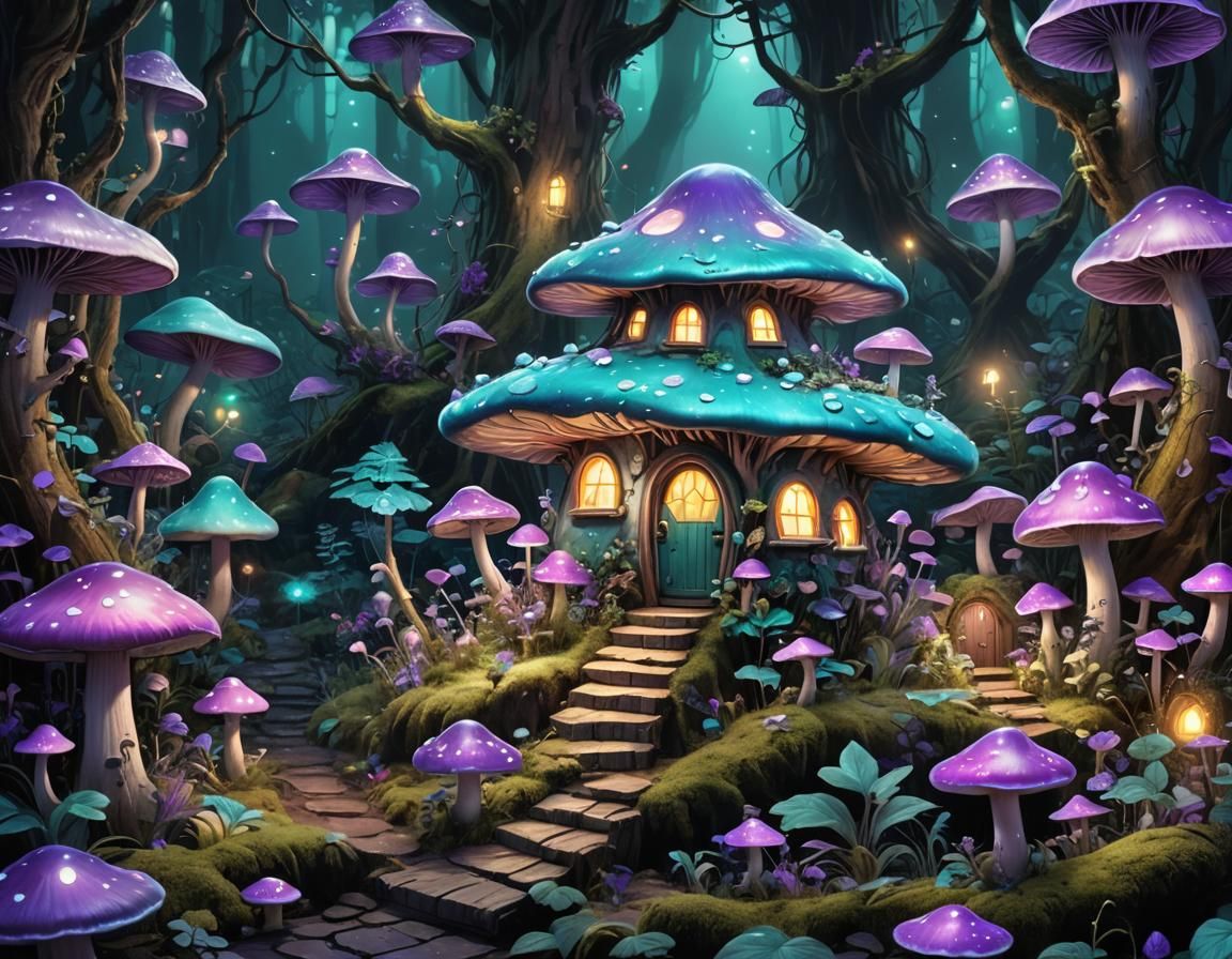 A fairy purple teal mushroom house in an enchanted biolumine...