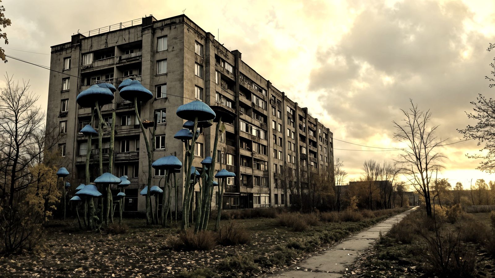 Retrofuturistic Panelki Building in a Bioluminescent Apocaly...