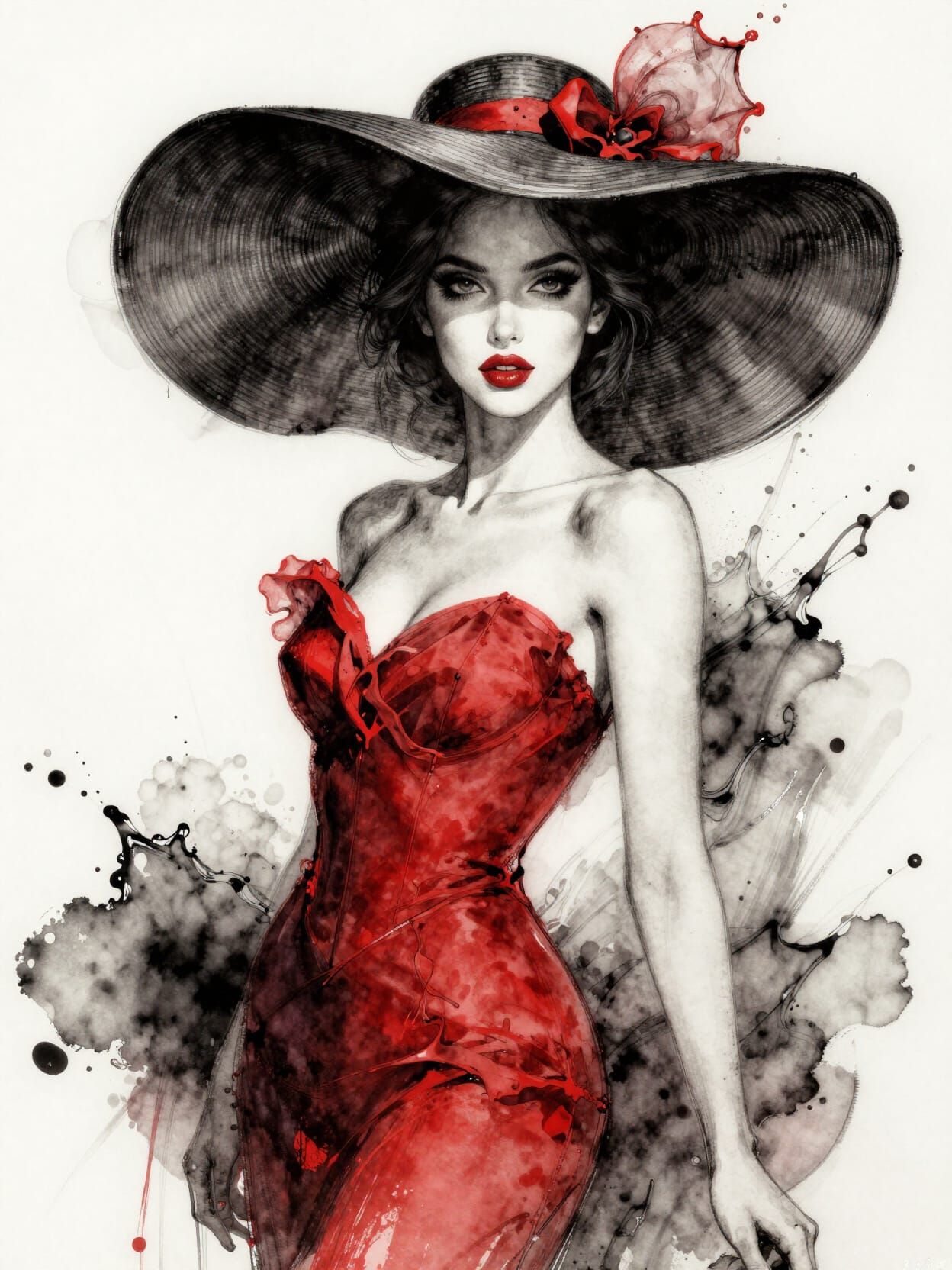 Splash Ink Portrait of Woman in Red Dress