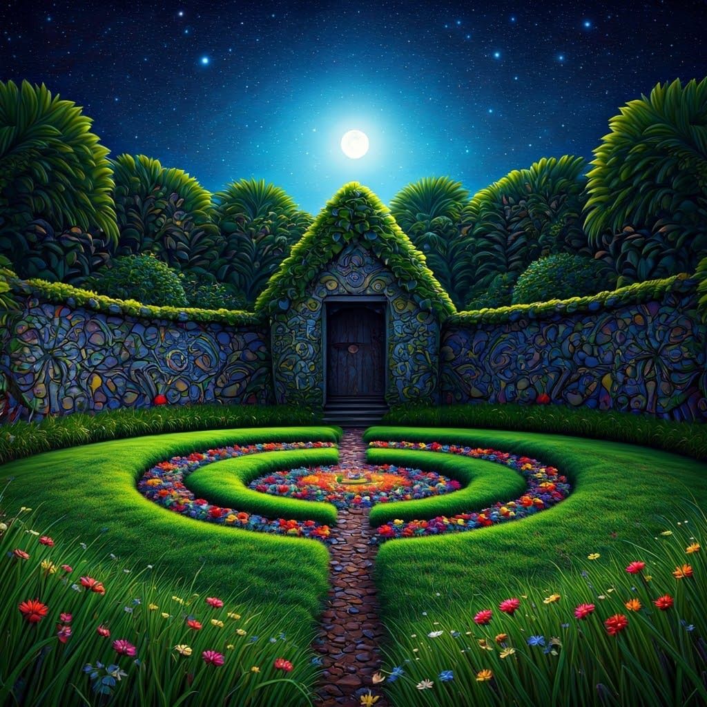 Enchanted Country Cottage Garden Under Starry Night Sky