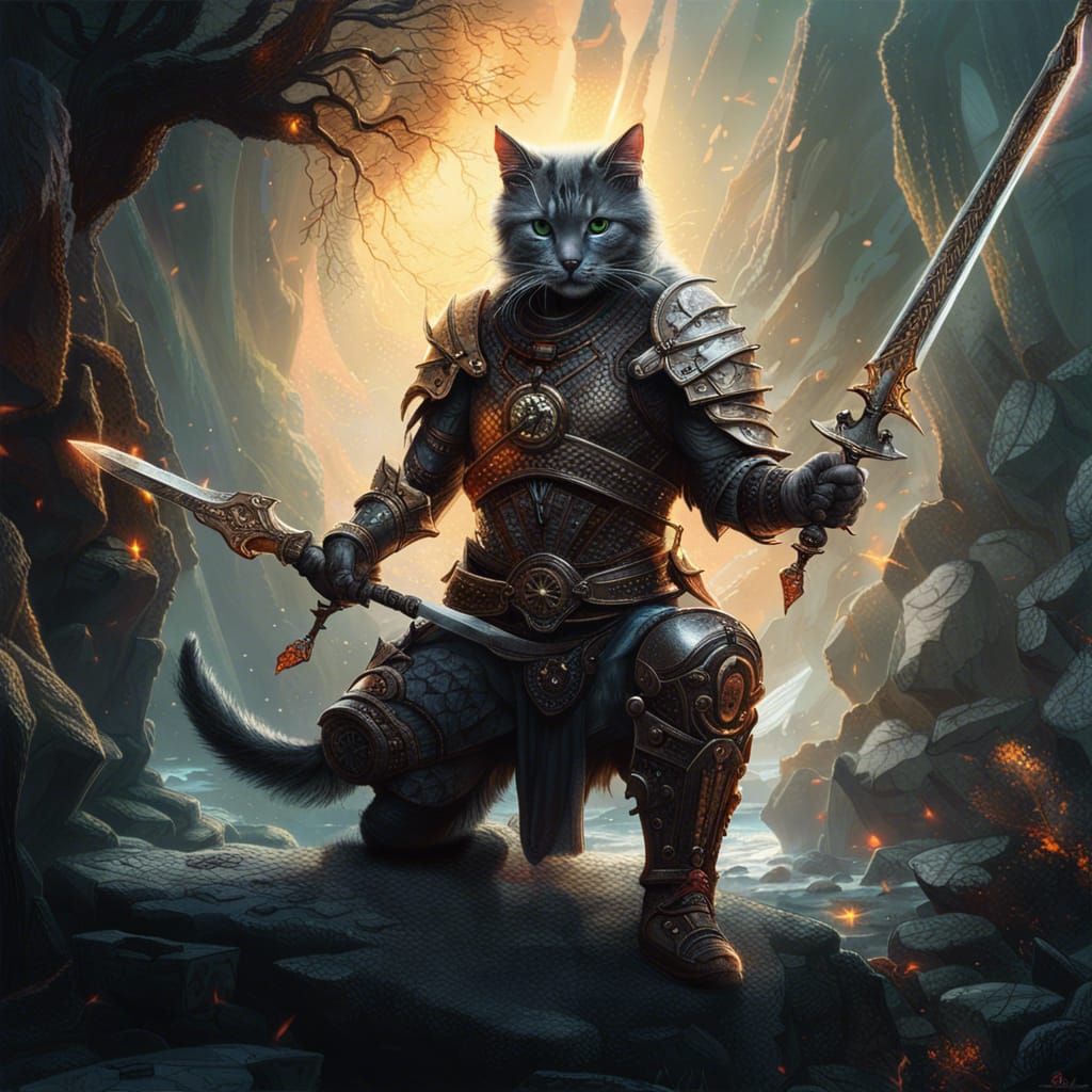Mystical Cat Warrior in Hyper-Detailed Illustration