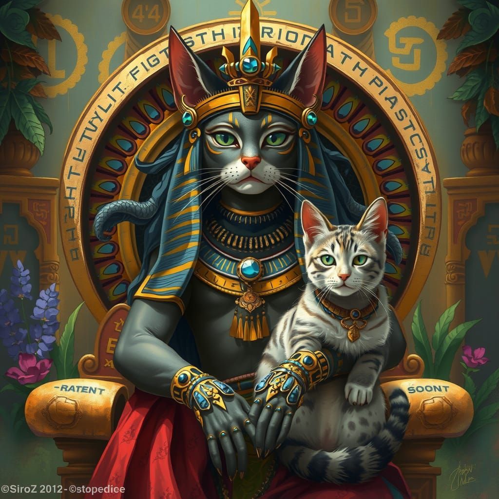 Majestic Cat Goddess with Golden Headdress and Egyptian Jewe...