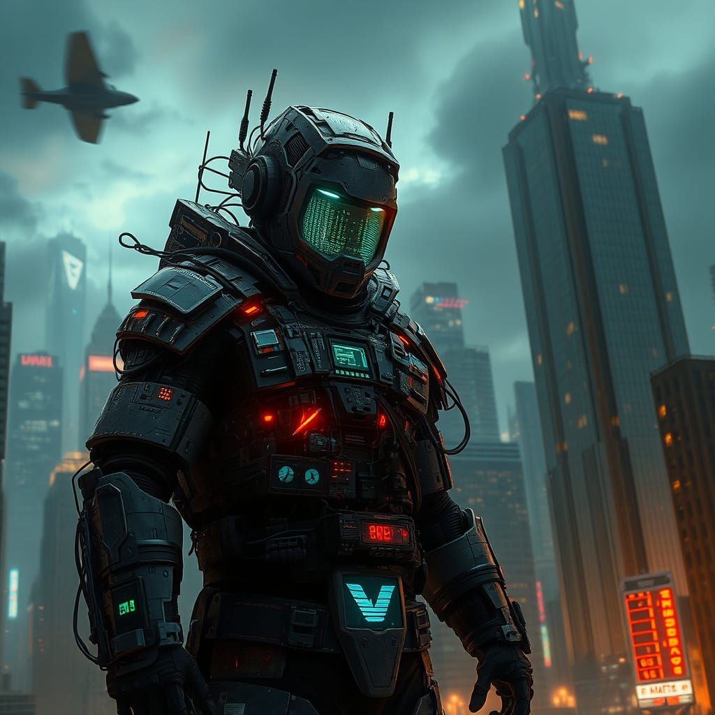 The Glitch: Digital Supervillain in Cyberpunk Cityscape