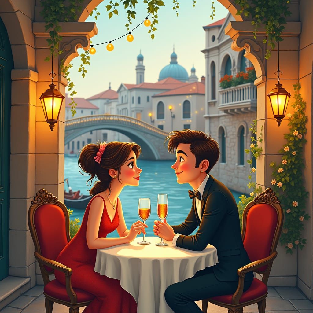 Romantic Italian Dinner in Venice, Whimsical Illustration
