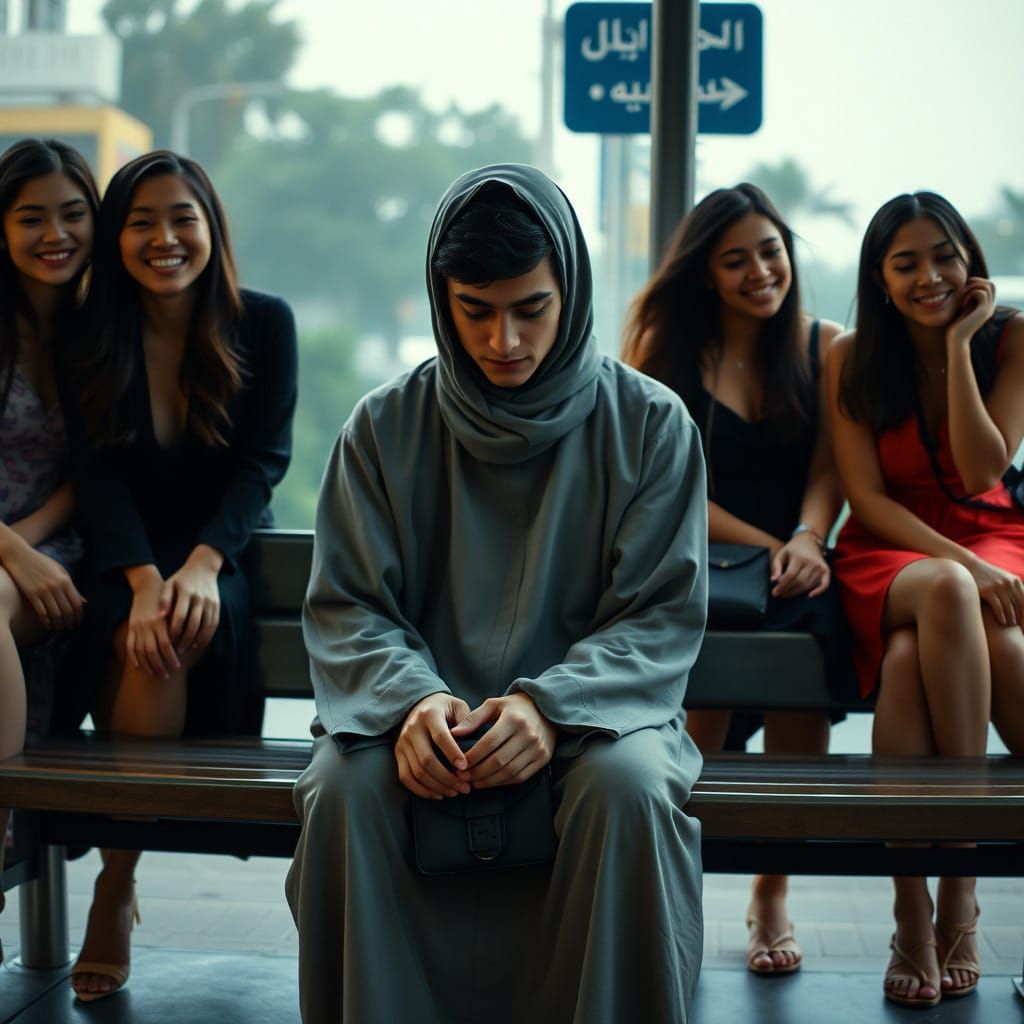 Man in Chador at Bus Stop, Cinematic Style