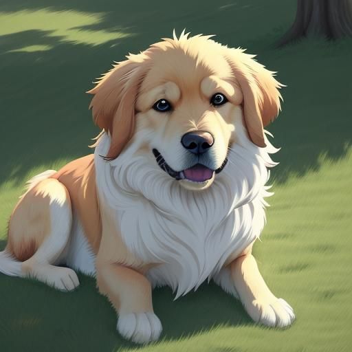 Golden Retriever on Hill in Manga Style