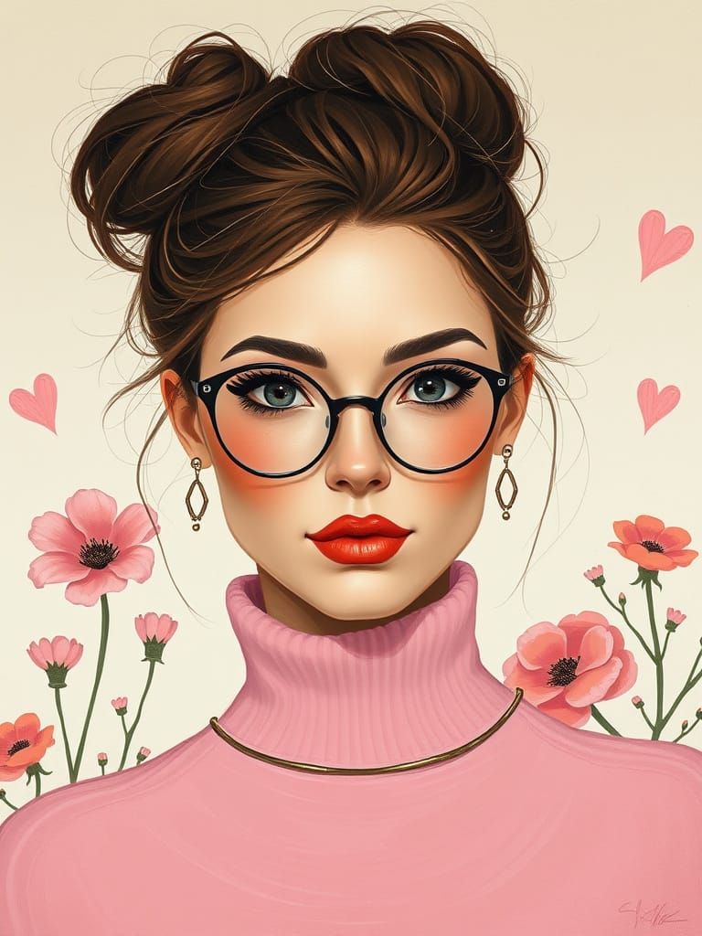 Minimalist Painting of Brunette Woman with Flowers