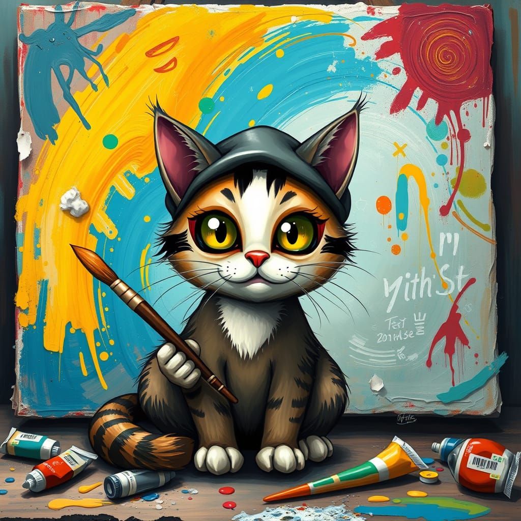 Whimsical Cat Paints in Style of Jean-Michel Basquiat