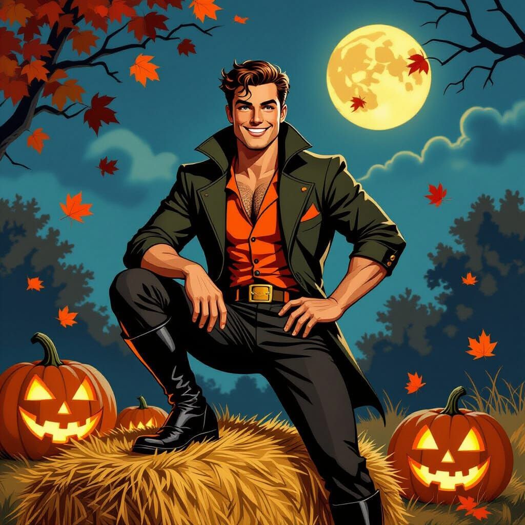 Halloween Pin-Up Man on Hay Bale