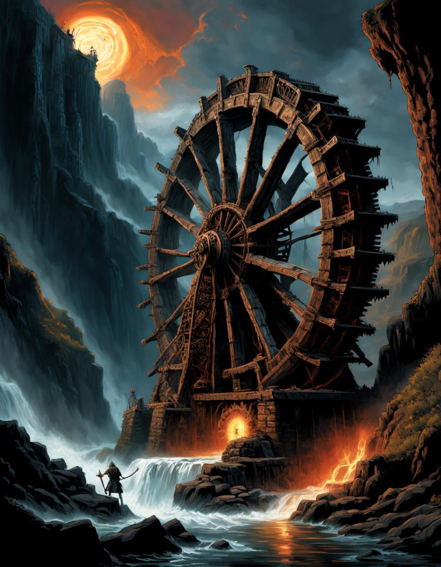 Dark Fantasy Waterwheel at Sunset, Inspired by Mike Ploog an...